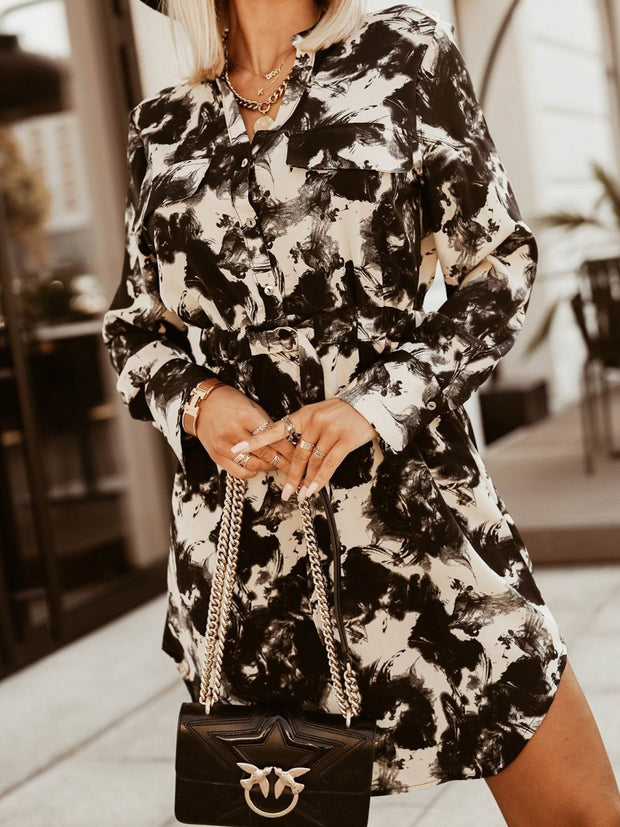 Womens Long Sleeved Printed Shirt Dress With Waistband