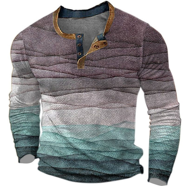 European And American Printed Three-button Long-sleeved Pullover