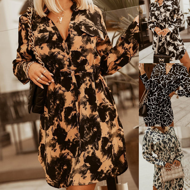 Womens Long Sleeved Printed Shirt Dress With Waistband