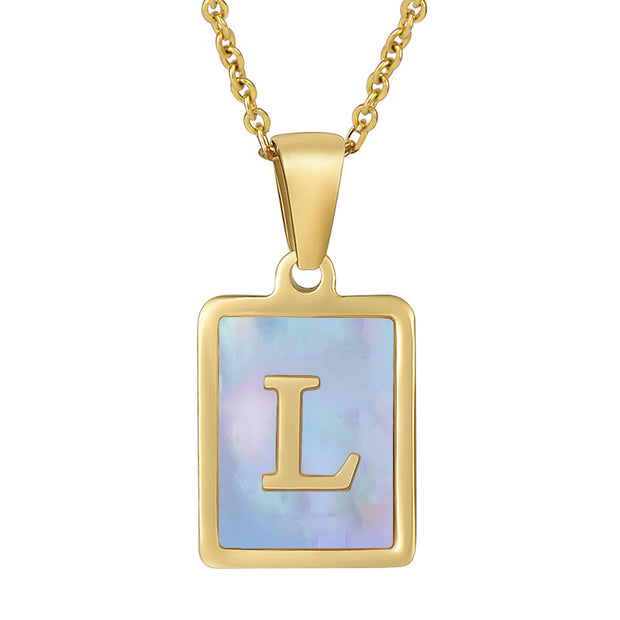 Titanium Steel 26 English Letter Necklace Blue Shell
