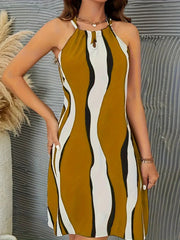 European And American Lace-up Bohemian Print Sleeveless Mid-length Dress