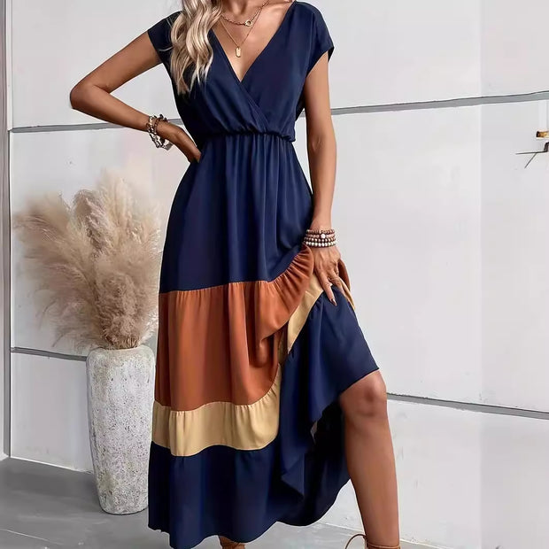Color Block Pleated V-neck Dress Casual Polo Collar