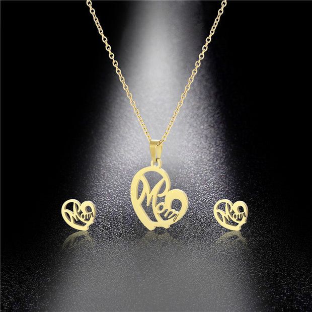 Stainless Steel Heart-shaped Mom Necklace And Earring Suit