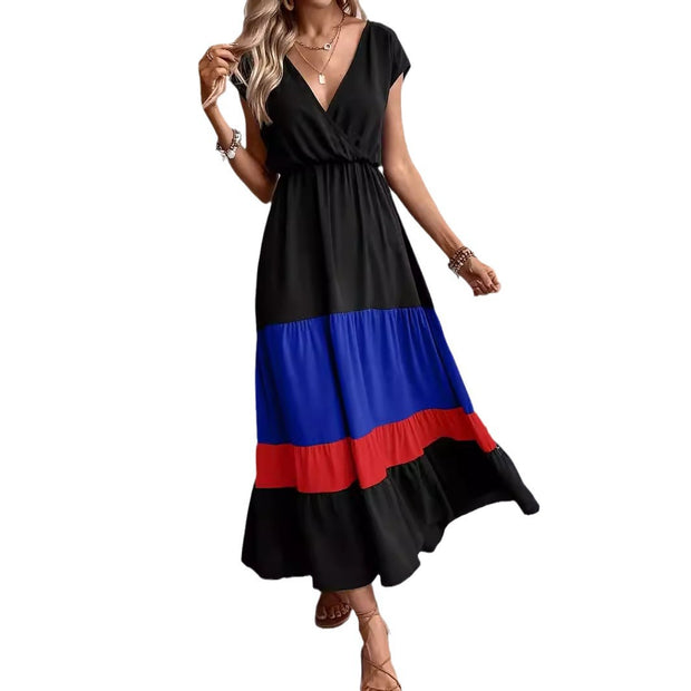 Color Block Pleated V-neck Dress Casual Polo Collar