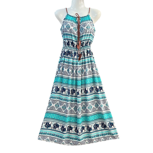 Ethnic Style Dress Women's Cotton Silk Belt Beach Dress With Suspenders